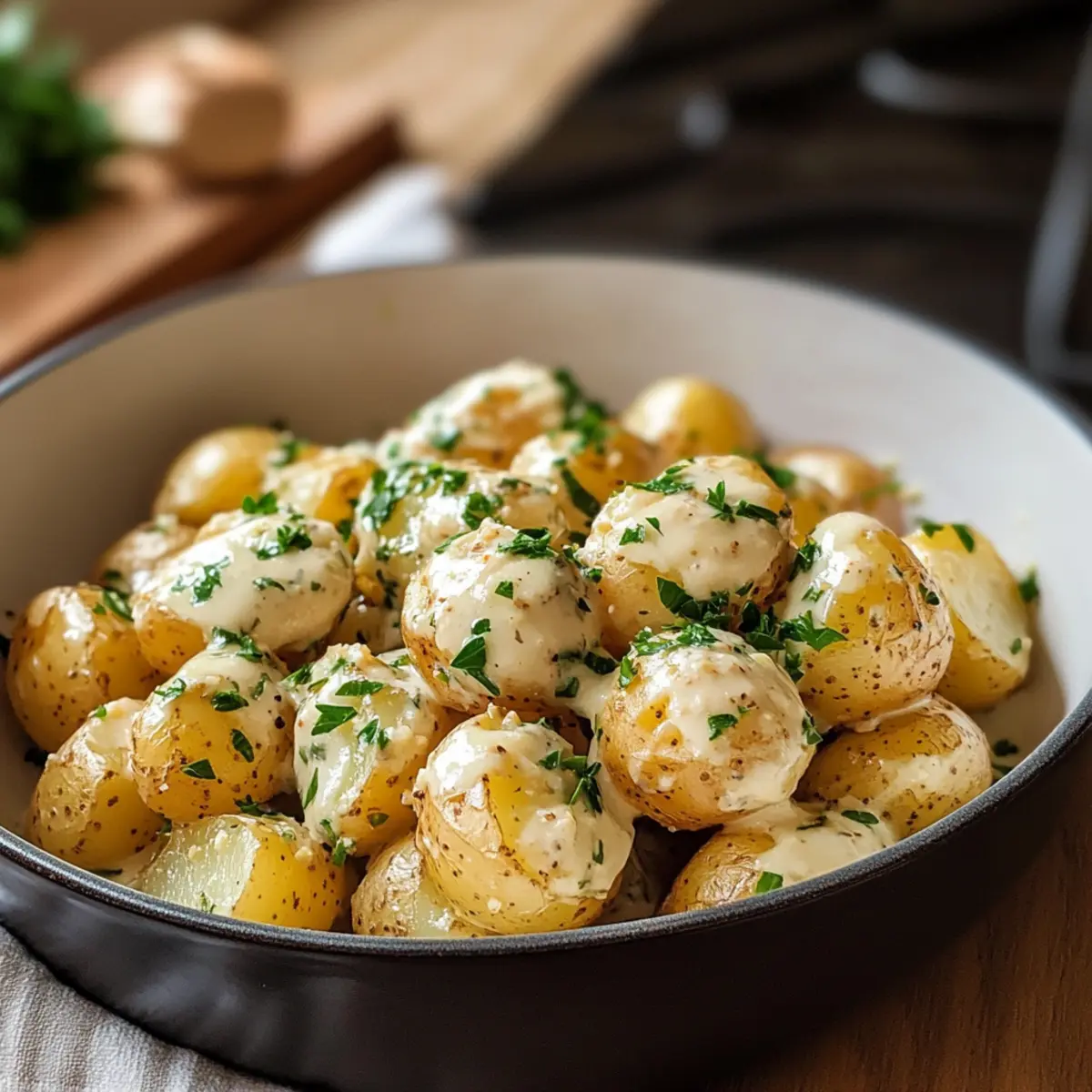 Cremige Knoblauchsoße Baby-Kartoffeln