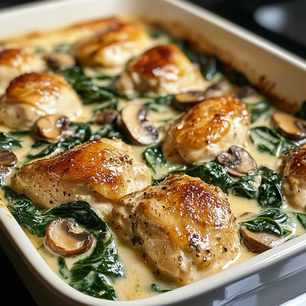 Hühnchen, Spinat und Pilz Low-Carb Ofengericht